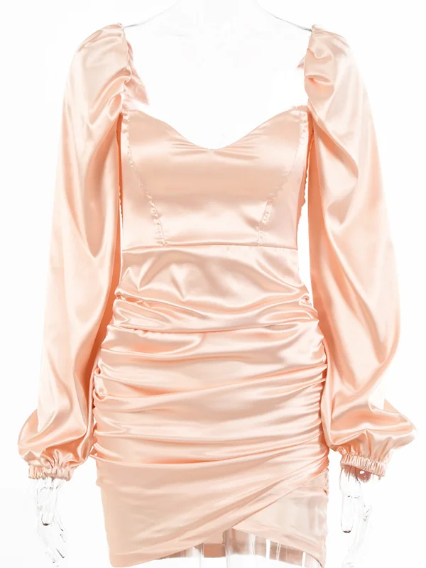 Solid Silk Puff Sleeves  Slim Sexy Mini Dress