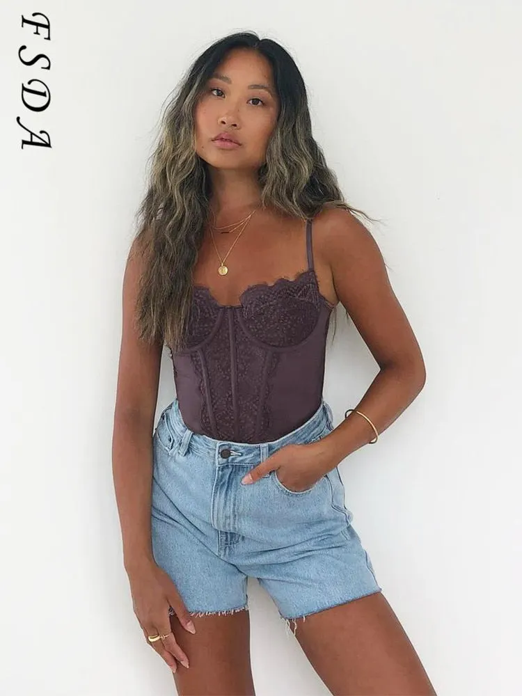 FSDA Sexy Black Lace Corset Top Crop Backless 2021 Summer Y2K Tank Top Women Tube Sleeveless Cami Off Shoulder Brown