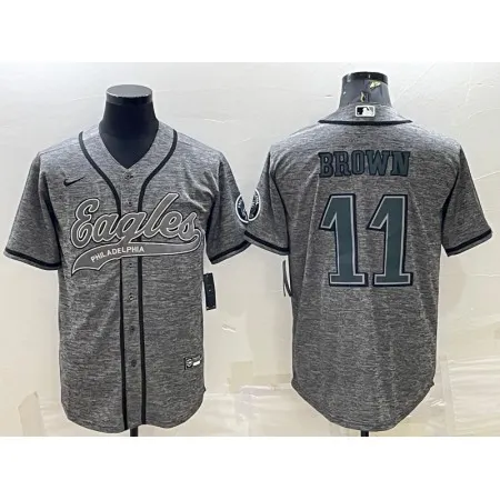 Men's Philadelphia Eagles #11 A. J. Brown Grey With Patch Cool Base Stitched Baseball Jersey WA1F