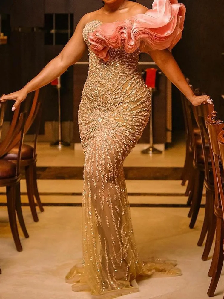 Fashion One-Shoulder Falbala Beaded Decorate Sexy Slim Evening Maxi Dress