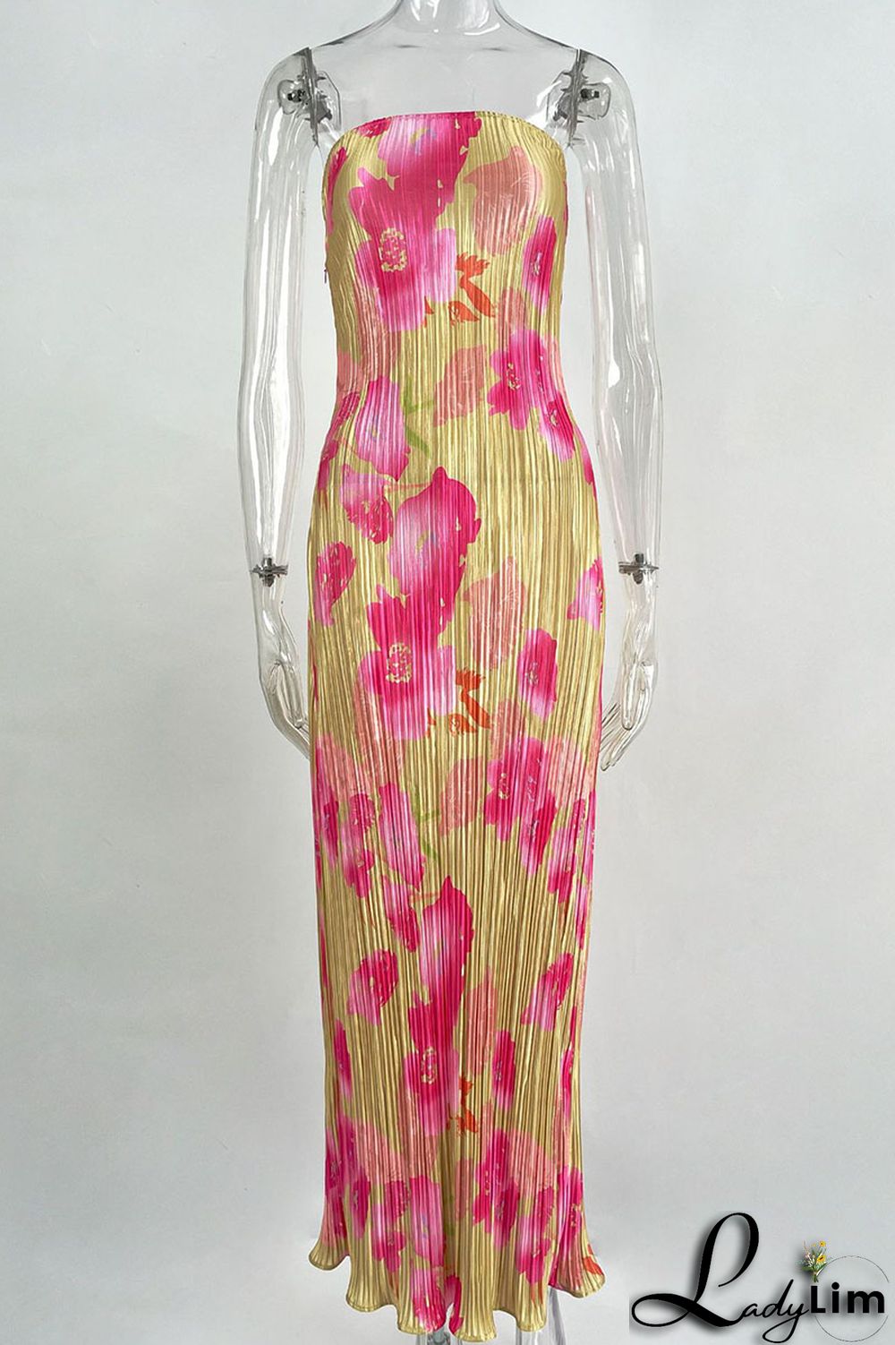 Tangerine Sexy Print Patchwork Fold Strapless Pencil Skirt Dresses