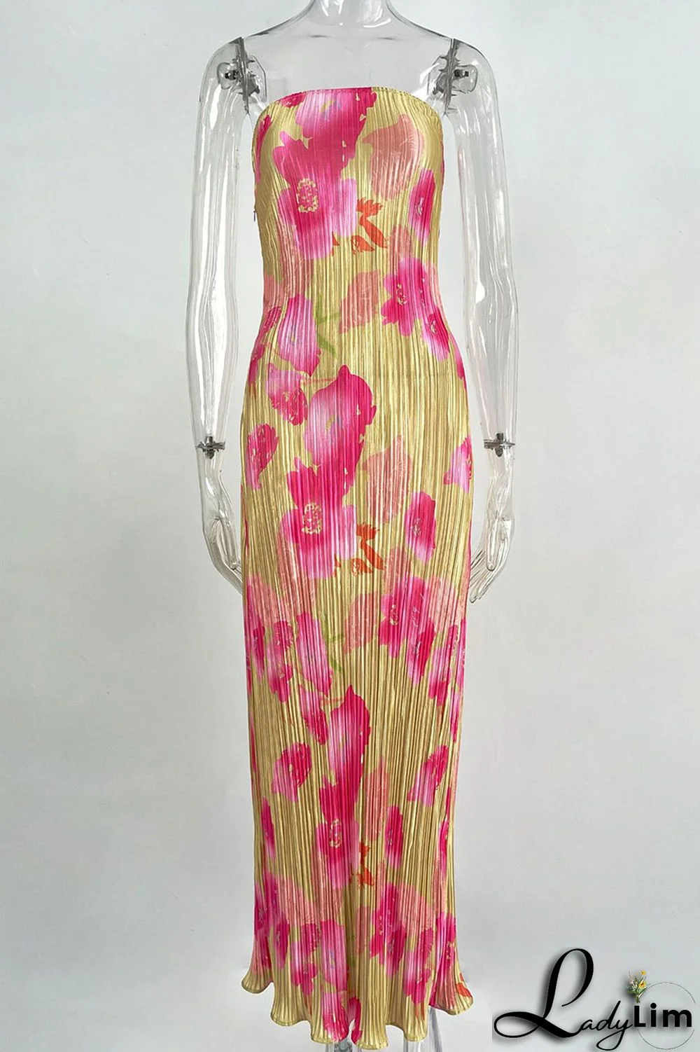 Tangerine Sexy Print Patchwork Fold Strapless Pencil Skirt Dresses