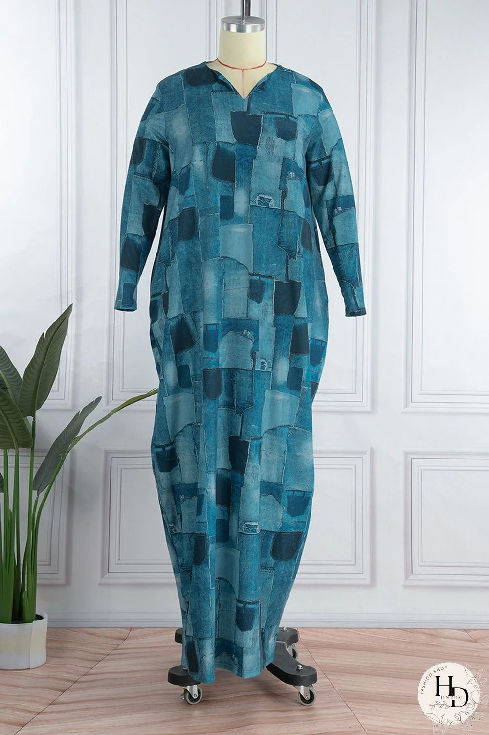 Blue Casual Print Patchwork V Neck Long Sleeve Dresses