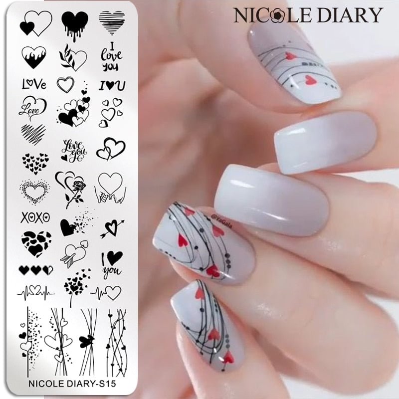 NICOLE DIARY Valentine Heart Line Stamping Plates Love Letter Stamping for Nails Manicures Stamp Nail Stencil Leaves Flower