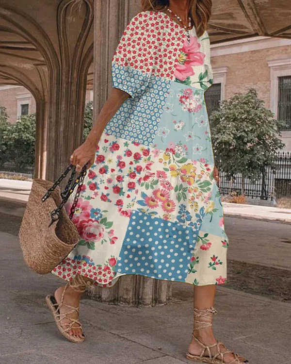Women's Retro Round Neck Puff Sleeve Bohemian Floral Dress