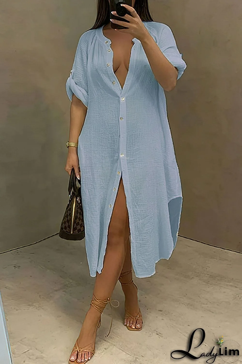 Light Blue Fashion Casual Solid Patchwork Turndown Collar Shirt Dress