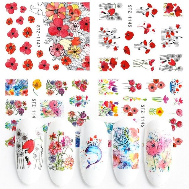 Nail Stickers Water Transfer Multiple Colors Sketchs Flower Designs 4Pcs/Set Nail Decal Decoration Tips For Beauty Salons