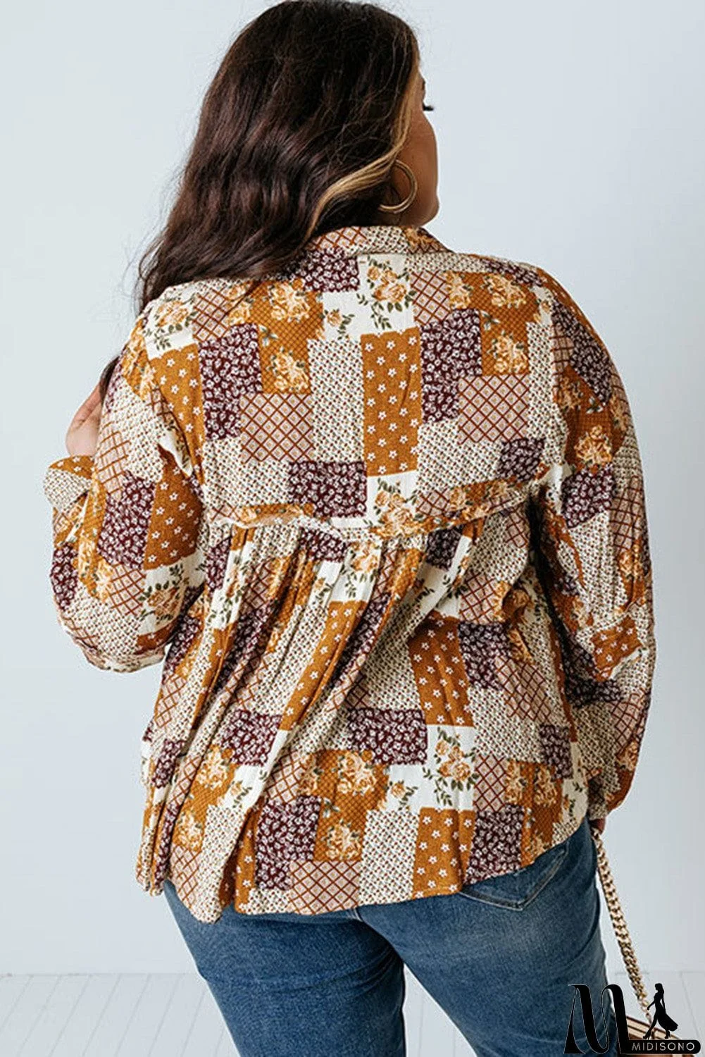 MidiSono - Turn-down Neck Mixed Print Plus Size Shirt