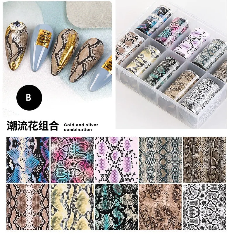 10pcs/box  Leopard Wild Animal Skin Nail Foil Sticker Snake Print Nail Art Transfer Slider Starry Sky Manicure Decoration Wrap-Nail Inspo