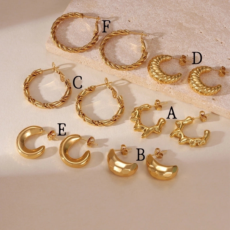Minimalist Classic Style C Shape Irregular Round 304 Stainless Steel 18K Gold Plated Earrings Ear Studs