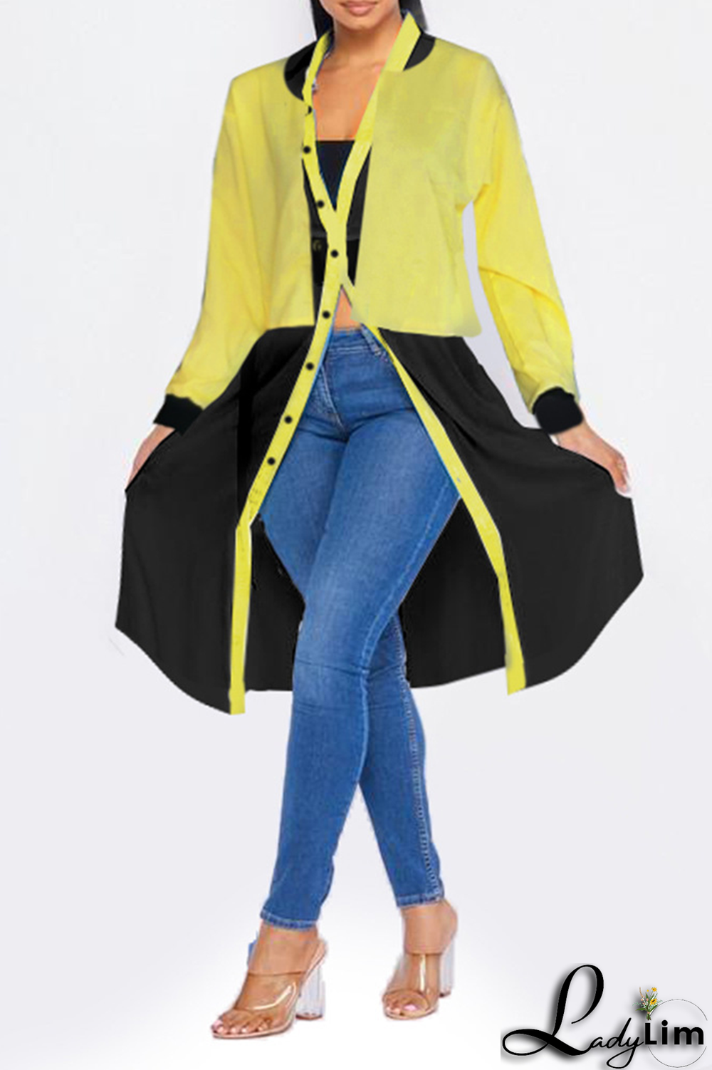 Yellow Casual Solid Split Joint Cardigan Collar Tops