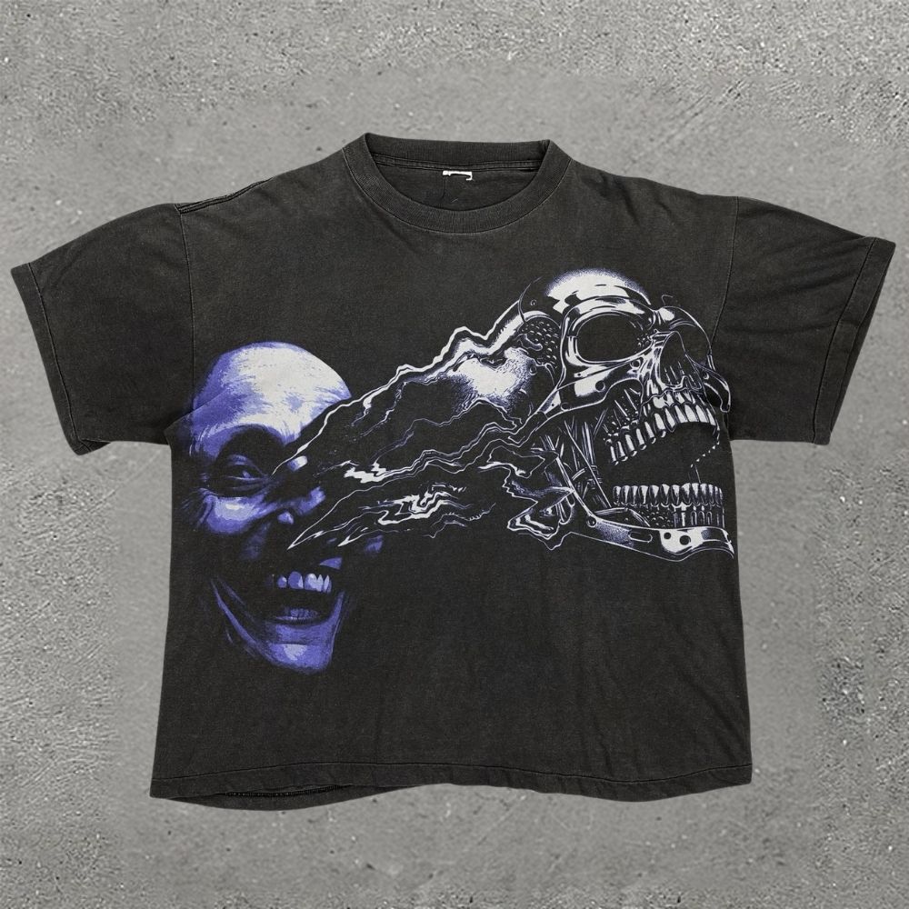 Gothic Skull & Purple Grinning Face Graphic T-shirt