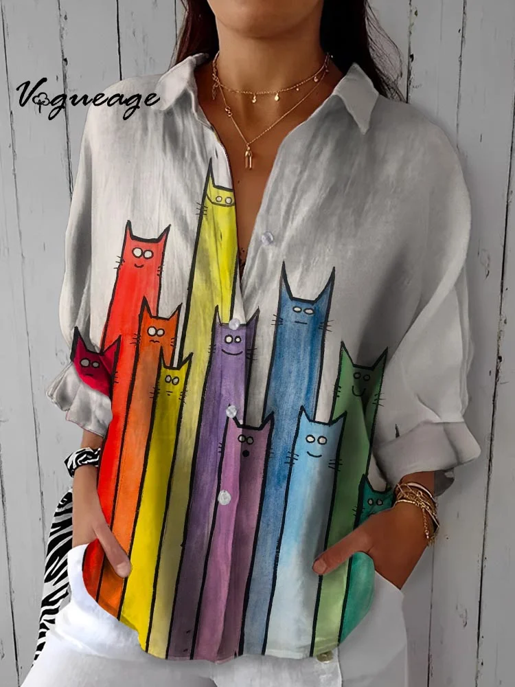 Fashion Simple Cute Long Cat Printed Cotton And Linen Shirt
