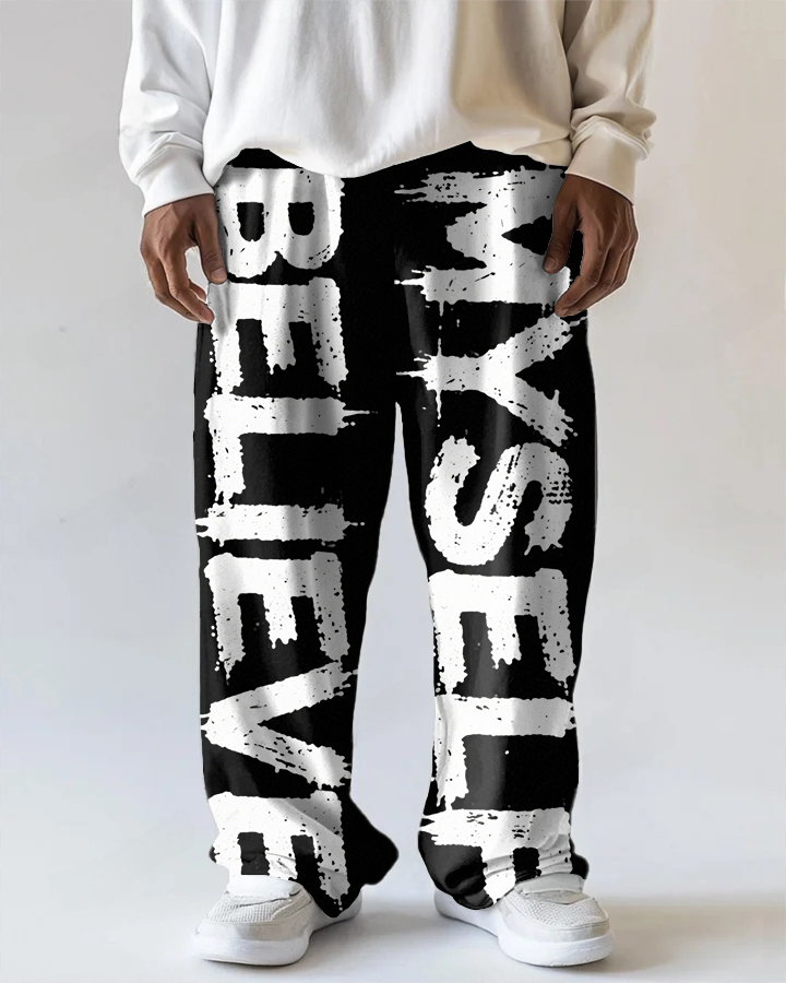 Big Men's Street Fashion BELIEVE MYSELF White Letter Printed Versatile Pocket Pants