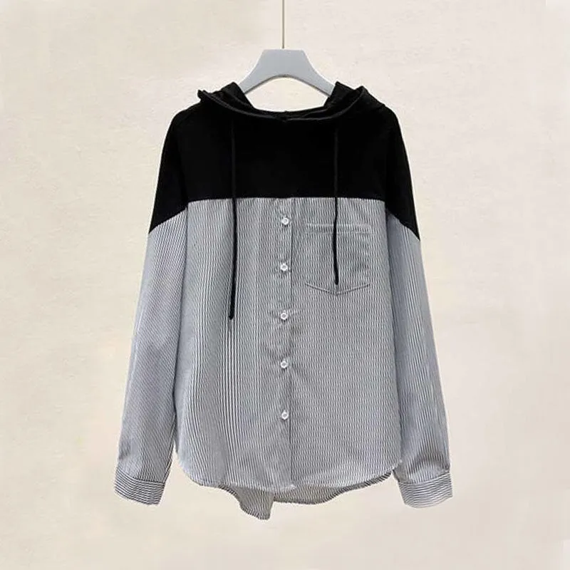 Sweatshirts Plus Size 2021 Autumn Hooded Striped Stitching Shirt Female Korean Style Loose Hoodies Women Drawstring Tops 11943