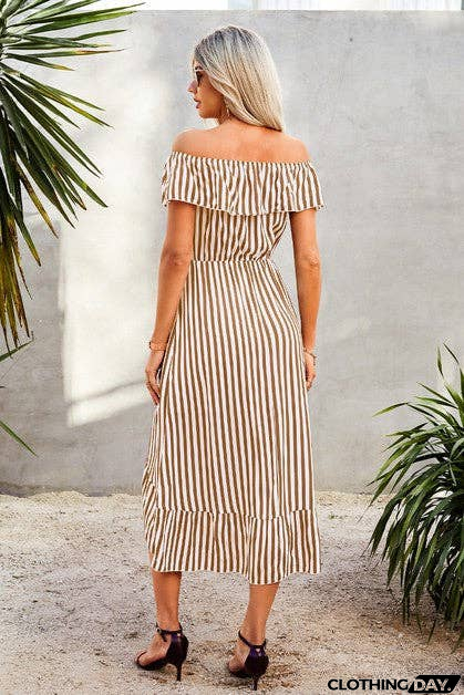Elegant Striped Ruffled Midi Dress
