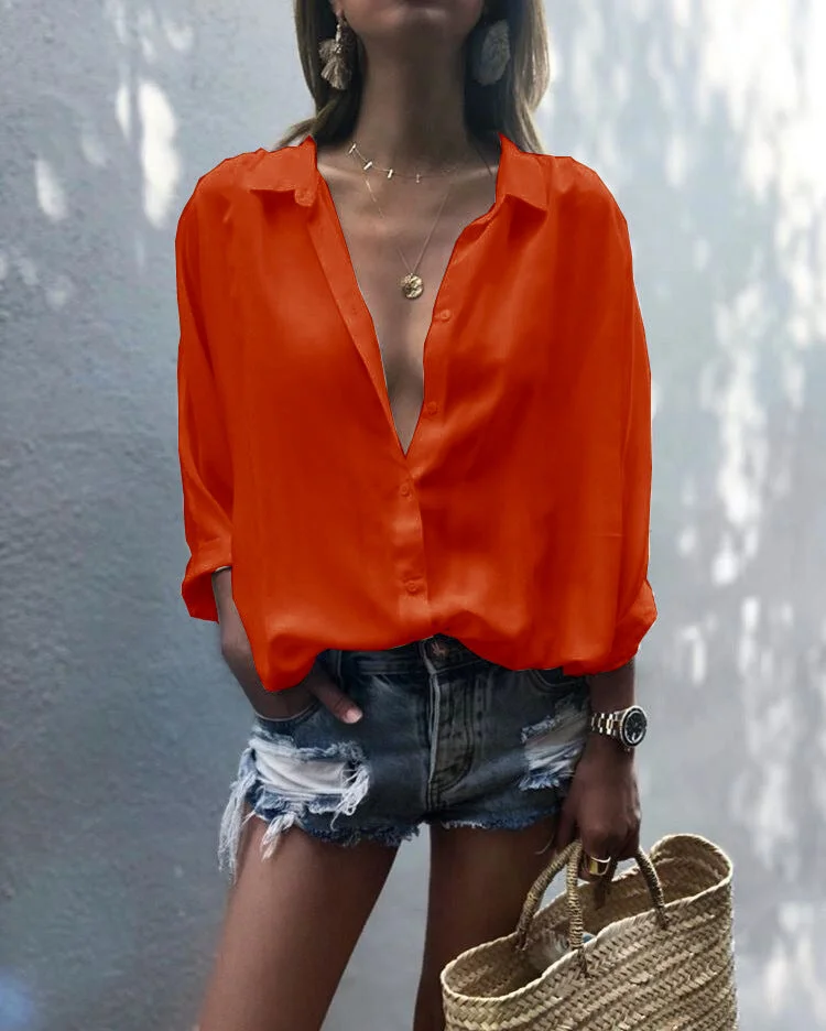 Uveng Solid Color Deep V-neck Buttons Chiffon Shirt