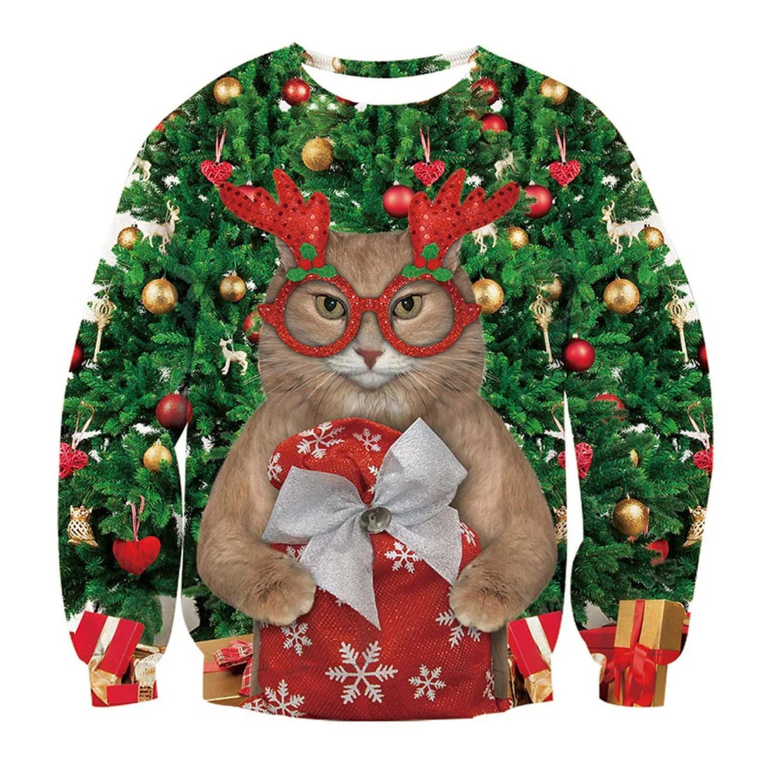 Unisex Cat With Glasses Print Crew Neck Ugly Christmas Sweatshirt