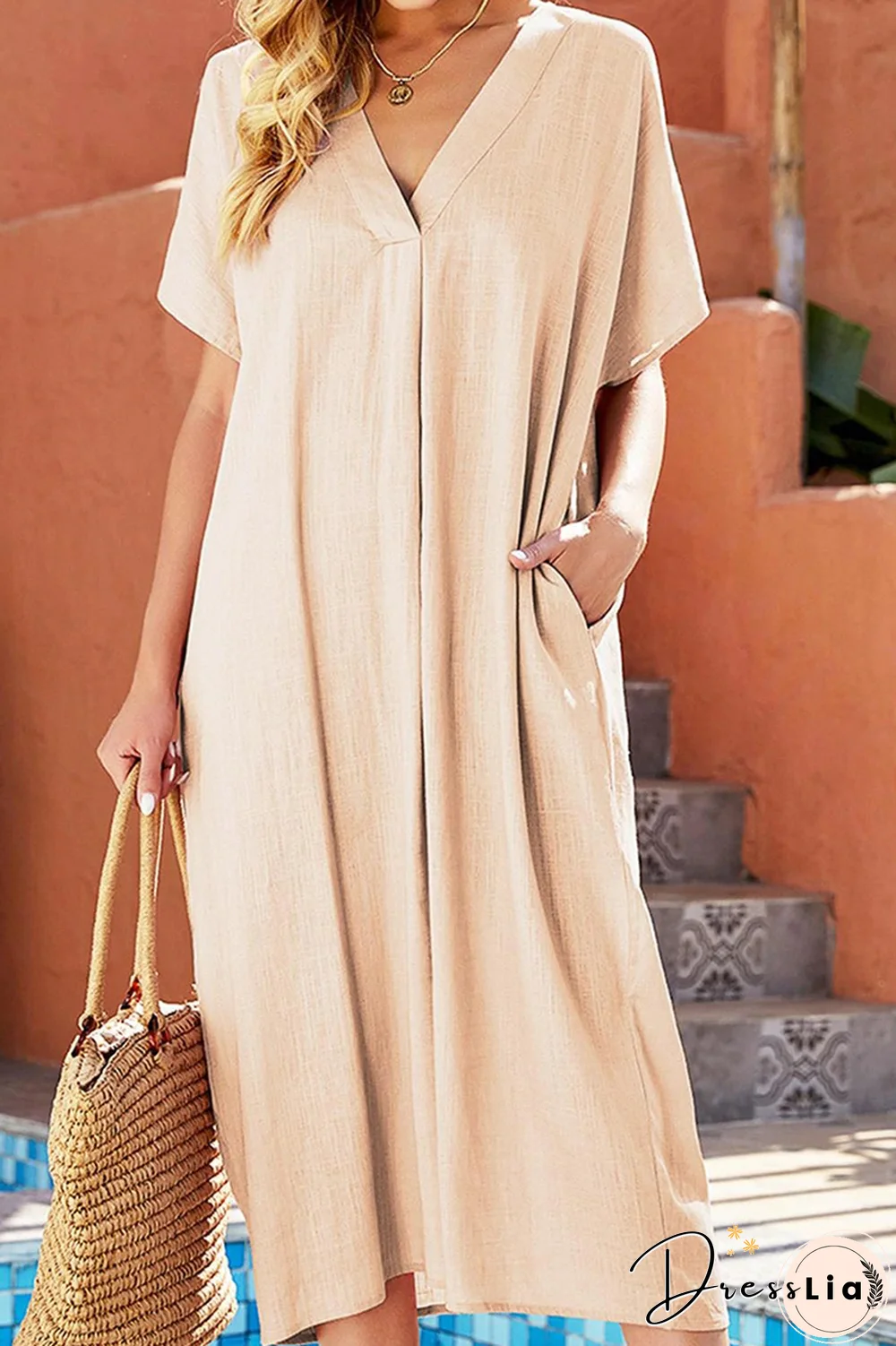 Casual Solid Split Joint V Neck Straight Dresses(6 Colors)