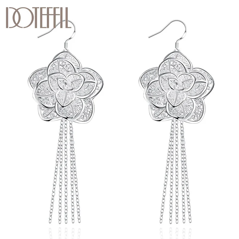 DOTEFFIL 925 Sterling Silver Hollow Flower Drop Earrings Charm Women Jewelry 