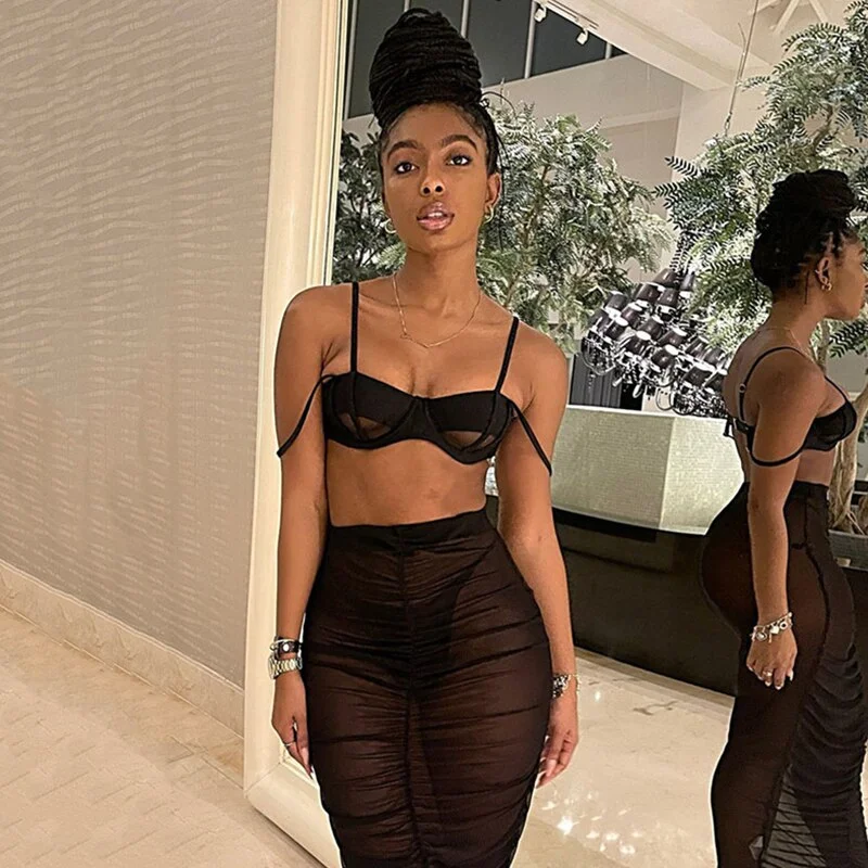 BIIKPIIK 2 Piece Matching Sets Women Casual Sexy Crop Tops + Maxi Skirts See-through Mesh Fashion Streetwear Clothing Skirt Suit