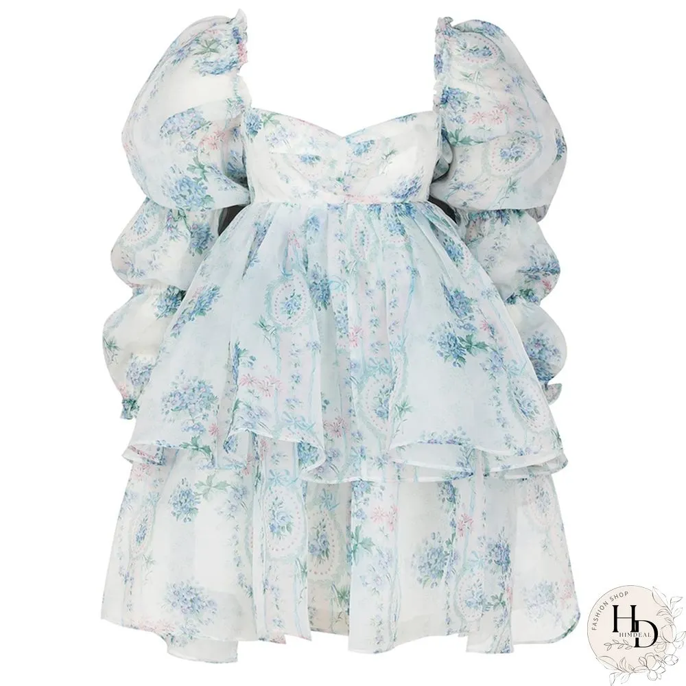 Sweet Girl Moonlight Dress Vintage Backless Long Puff sleeve Ruffles Layered A-line Women