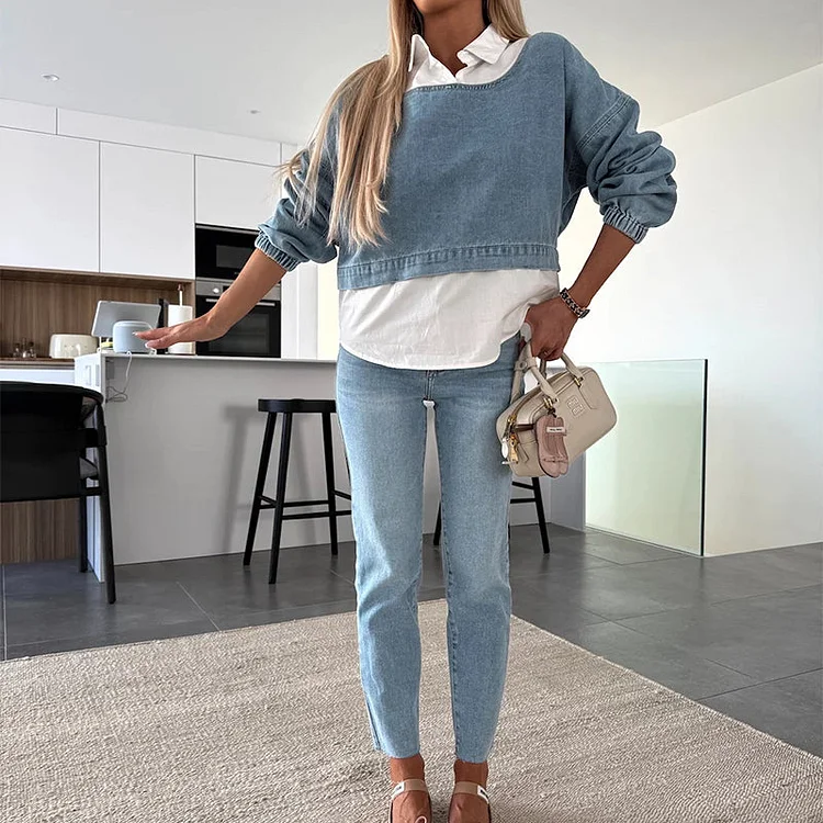 🔥Fri frakt🛫Dam Mode Långärmad Denim Topp & Byxor Tvådelat Set