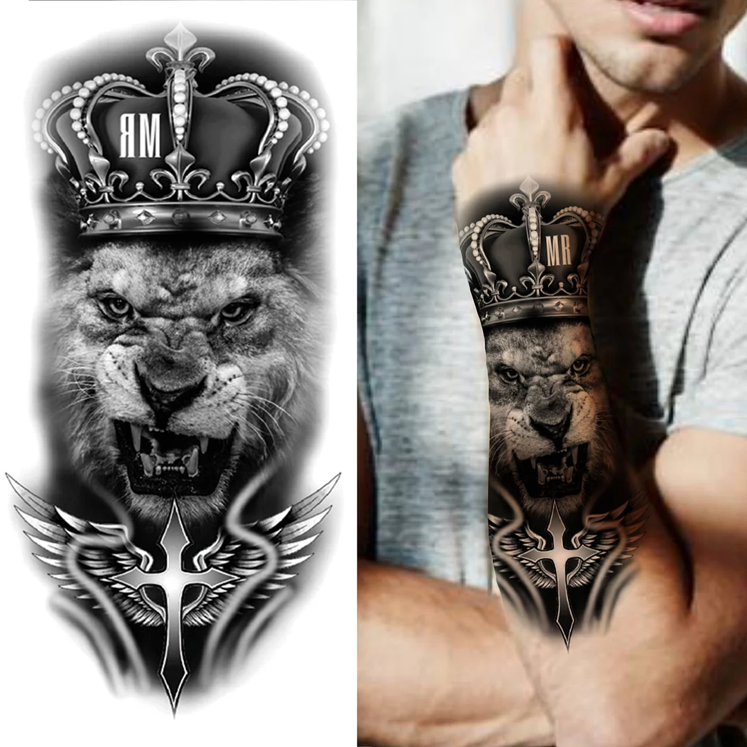 Sdrawing Compass Lion Rose Temporary Tattoo For Men Adults Realistic Fake Tiger Crown Cross Tattoo Sticker Thigh Half Sleeve Tatoo