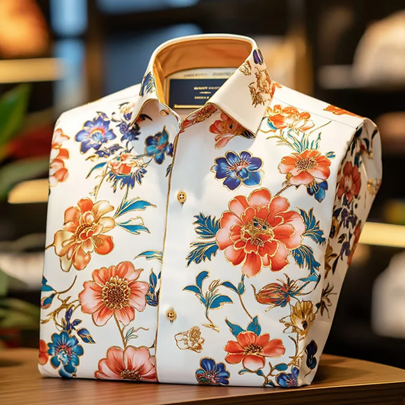 Men's Business Casual Floral Print Long Sleeve Polo Shirt