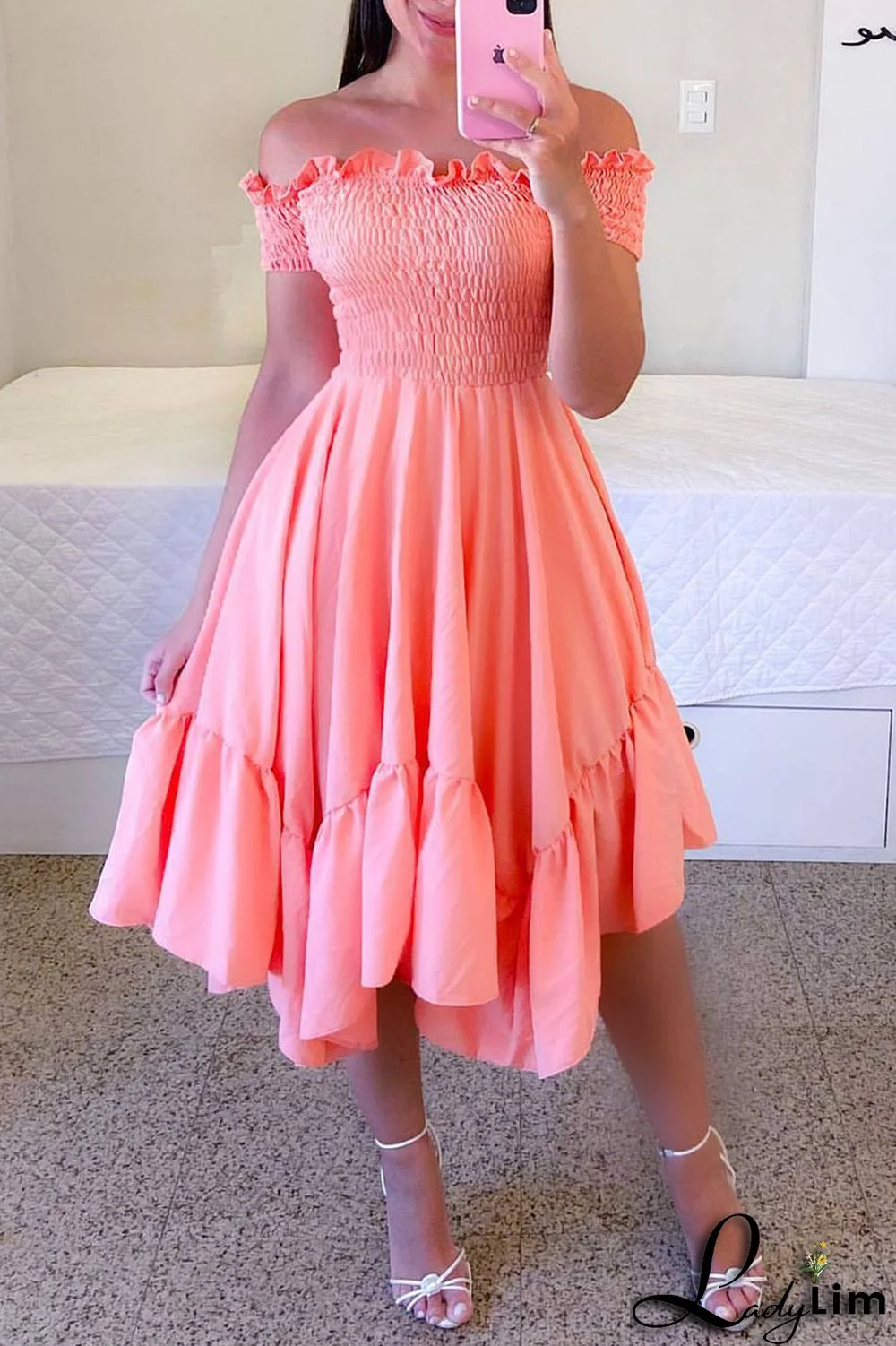 Burgundy Casual Sweet Solid Patchwork Flounce Fold Asymmetrical Off the Shoulder A Line Dresses