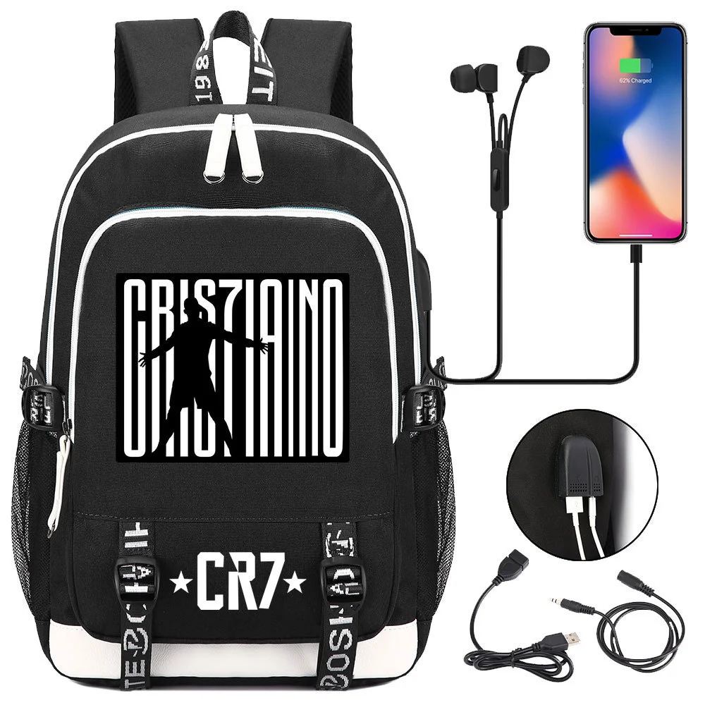 Buzzdaisy Cristiano Ronaldo Printed Backpack with USB Charging Port and Laptop Protection - Multi-Pocket Large Capacity Schoolbag