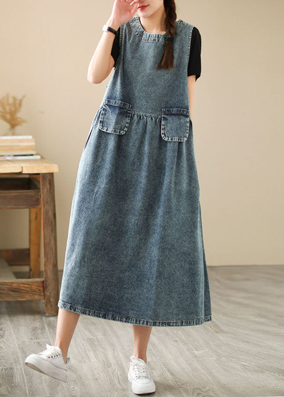 Women Summer Retro Pocket Loose Solid Denim Dress