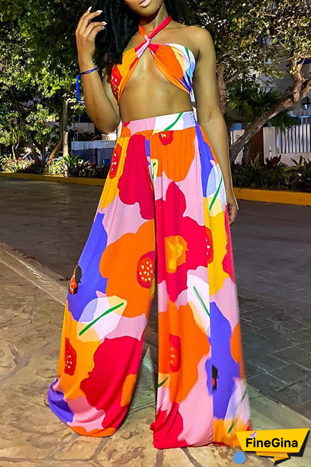 Sexy Print Split Joint Off The Shoulder Sleeveless Two Pieces