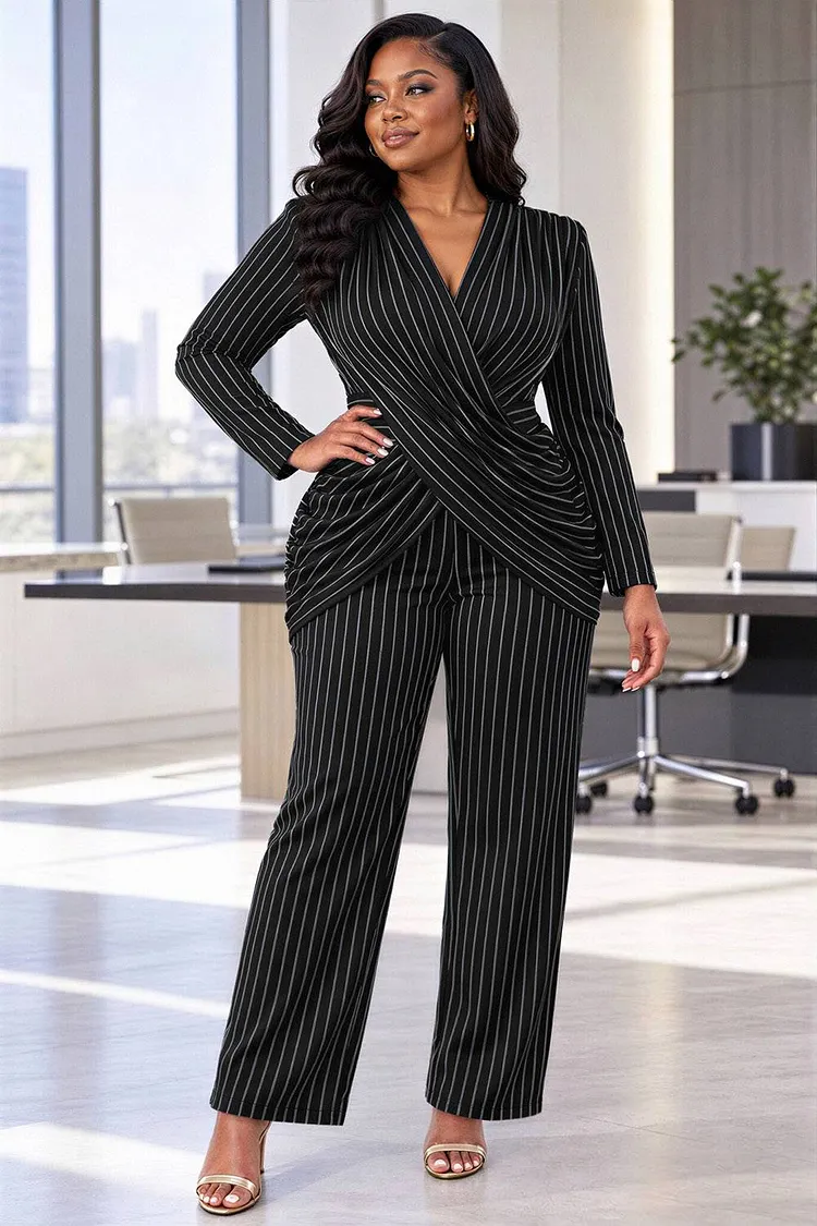 Xpluswear Design Plus Size Business Casual Black V Neck Long Sleeve Fold Wide Leg Jumpsuits [Pre-Order] 2024 - Xpluswear