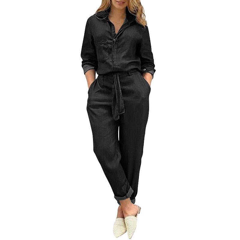 Spring Office Ladies Jumpsuit VONDA 2022 Women Overalls Pockets High Waist Casual Lapel Long Sleeve Denim Playsuits Pantalon