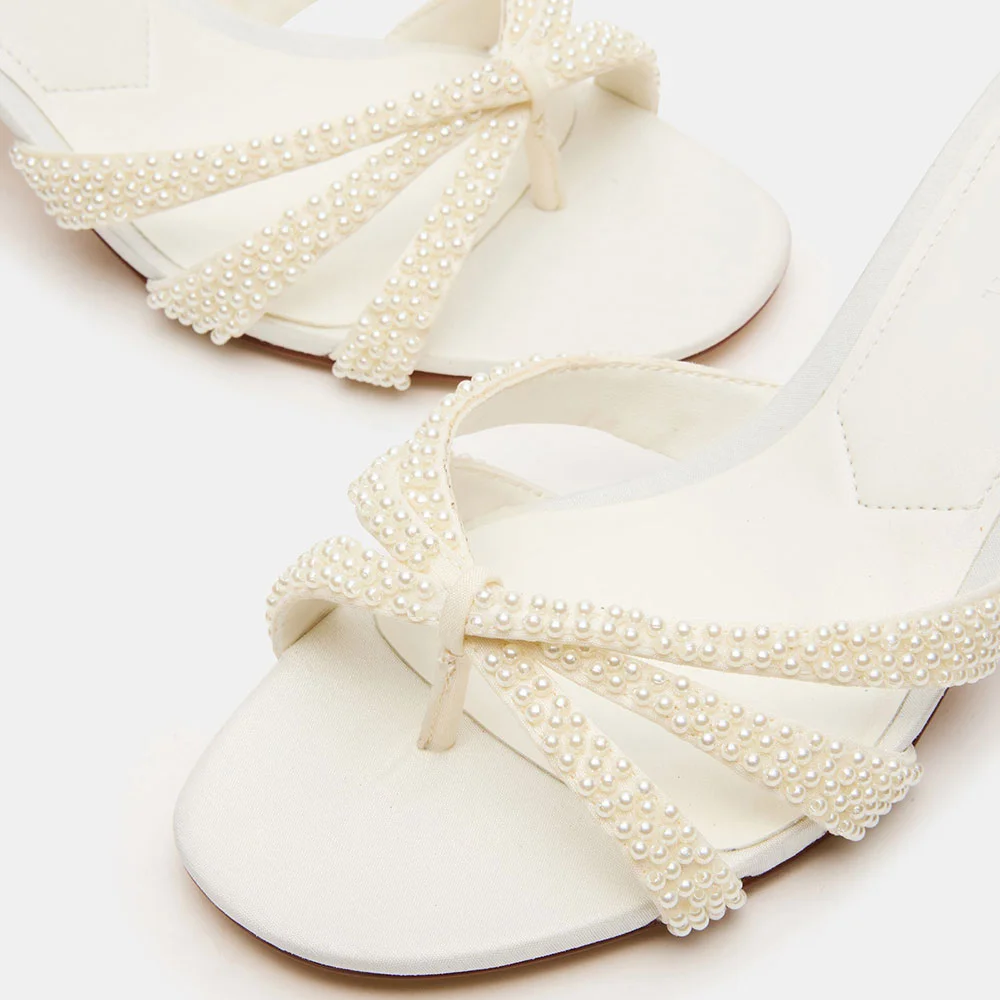 White Open Toe Pearl Decor Strap Slide Sandals with Spool Heel