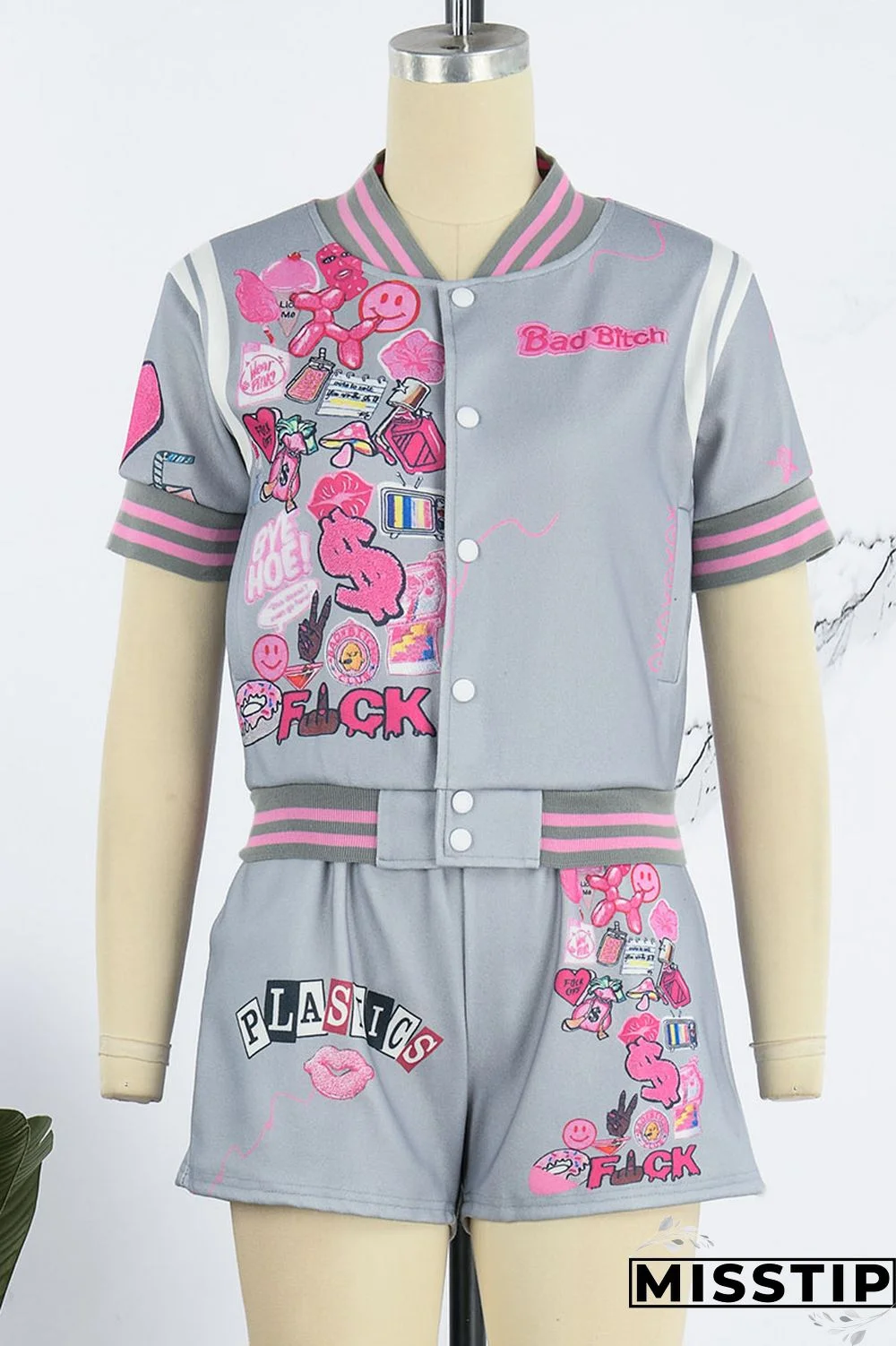 Cream White Casual Street Print Patchwork Buckle Short Sleeve Two Pieces