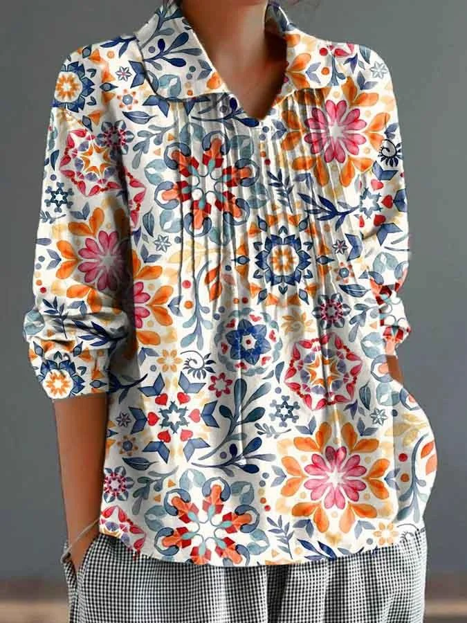 Women's Colorful Watercolor Vintage Floral Print Casual Cotton And Linen Shirt