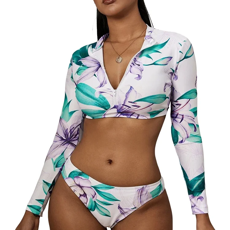 3pcs/set Lady Bikinis Set Long Sleeve Zipper Printed Bathing Suits Beach Outfits-Annaletters