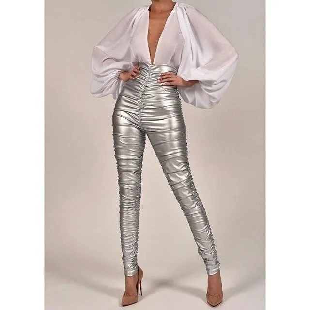 Abebey Solid High Waist Pants Bodycon Silver Pencil  Party Club Pants Autumn Female Slim Women Pant Trousers Pleated Pant