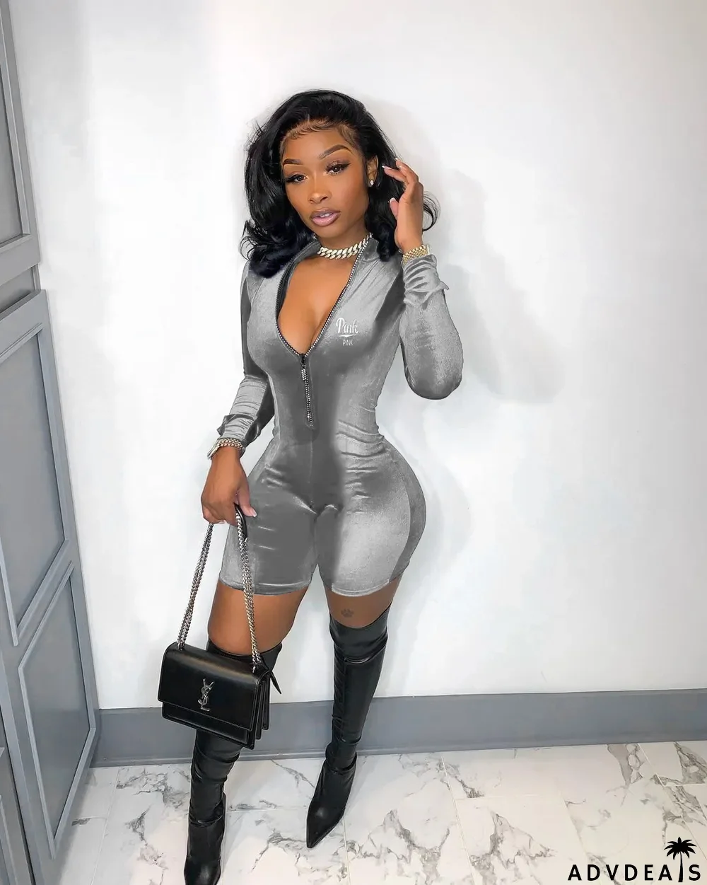 Velvet PINK Letter Print Zipper Long Sleeve Rompers