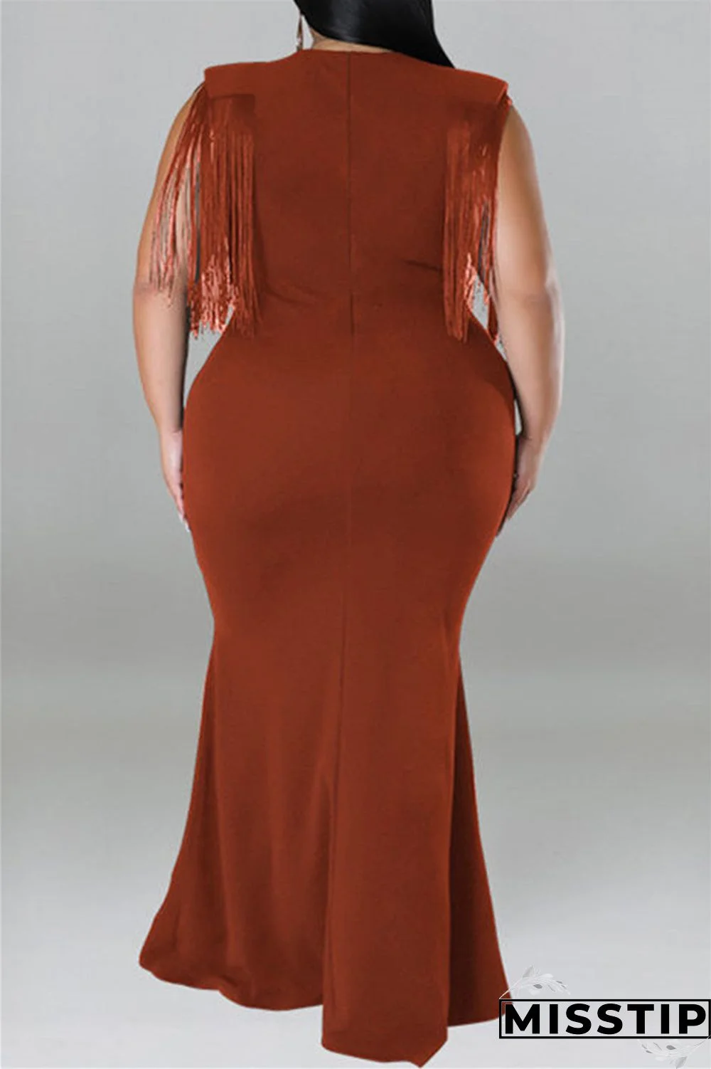 Blue Casual Plus Size Solid Tassel Patchwork V Neck Long Dress