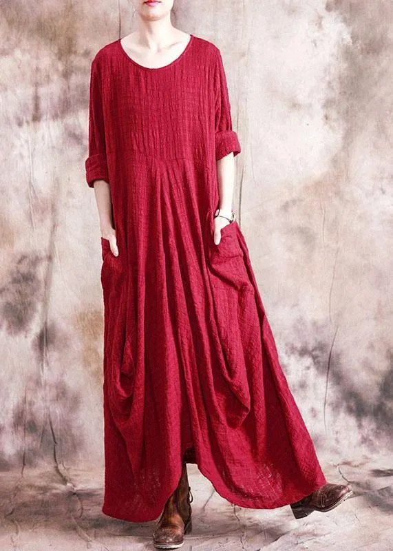 Organic asymmetric linen clothes For Women Fabrics red Dress fall