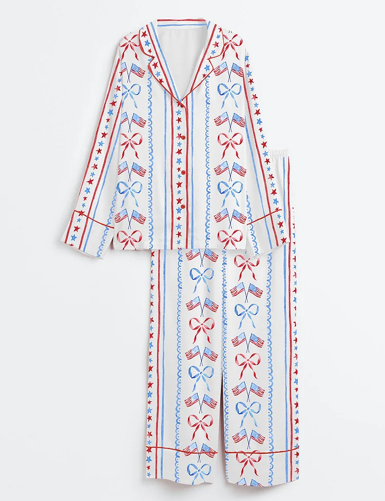 Women&rsquo;s Red White And Blue Bow And Flag 4th Of July Long Sleeve Satin Pajama Set