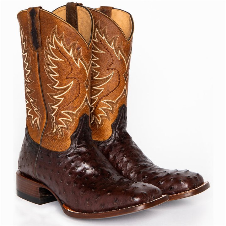 Retro Ostrich Tobacco Exotic Square Toe Western Cowboy Boots - vzzhome