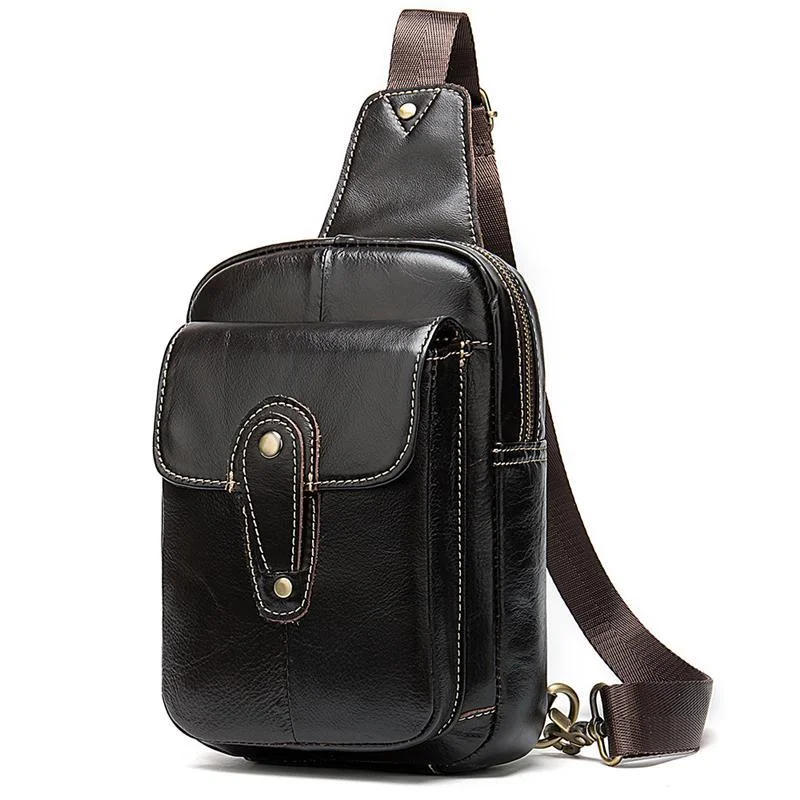 Men’s Retro Style Soft Genuine Leather Large Capacity Adjustable Sling Chest Bag