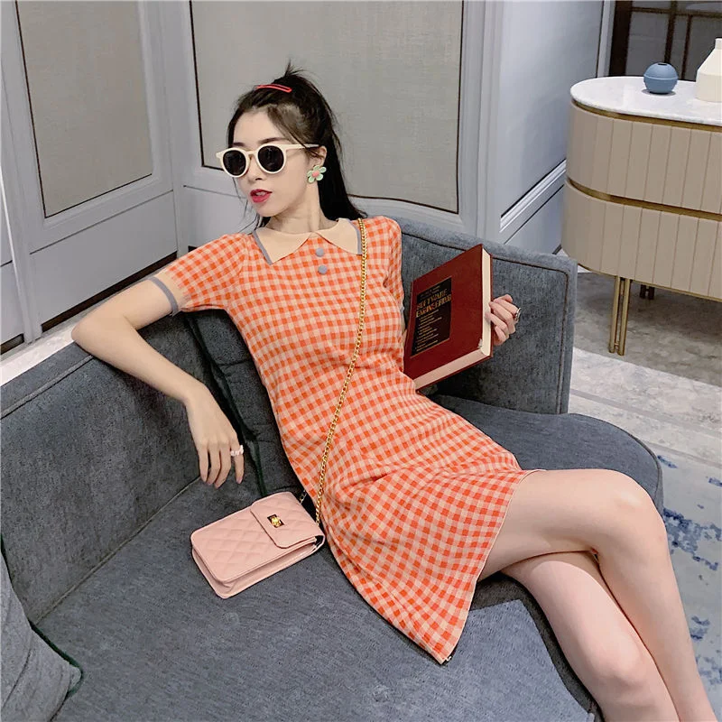 Uveng Uveng Minority Retro POIO Collar Ge Korean Version Of Small Fresh High-Waisted Slimming Short-Sleeved Knitted Dress Woman