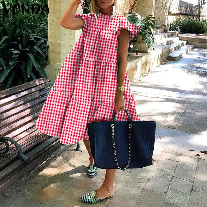 VONDA Summer Cotton Dress Women Casual Short Sleeve Ruffled Cuff Dresses Loose Patchwork Bohemian Vestidos  Knee-Length Dress
