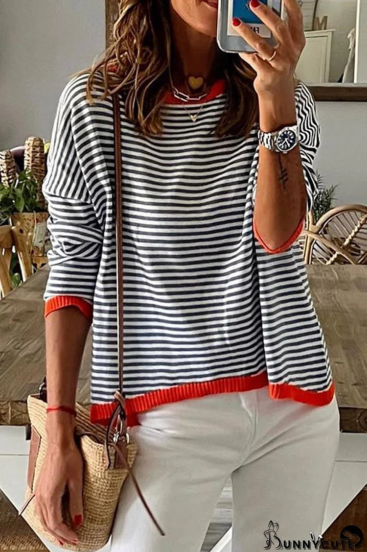 Casual Striped Contrast O Neck Tops