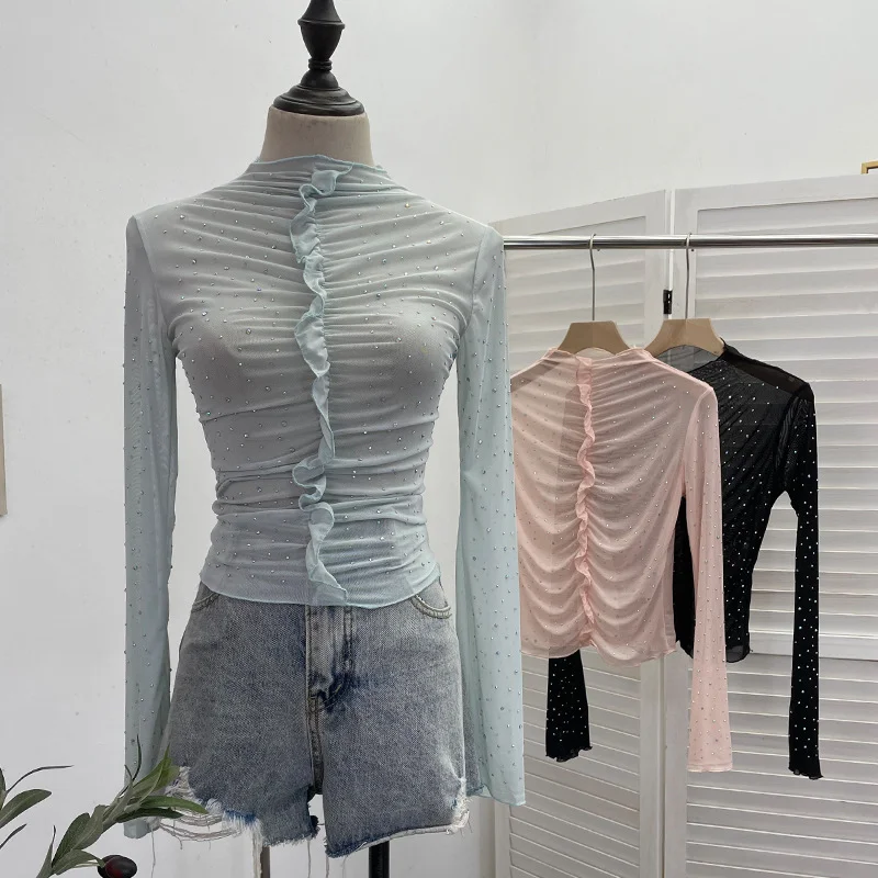 Uveng Real Shooting 2024 New Hot Diamond Half-High Collar Perspective Thin-Bottomed Shirt Mesh Top Beautiful Chic Shirt 2635